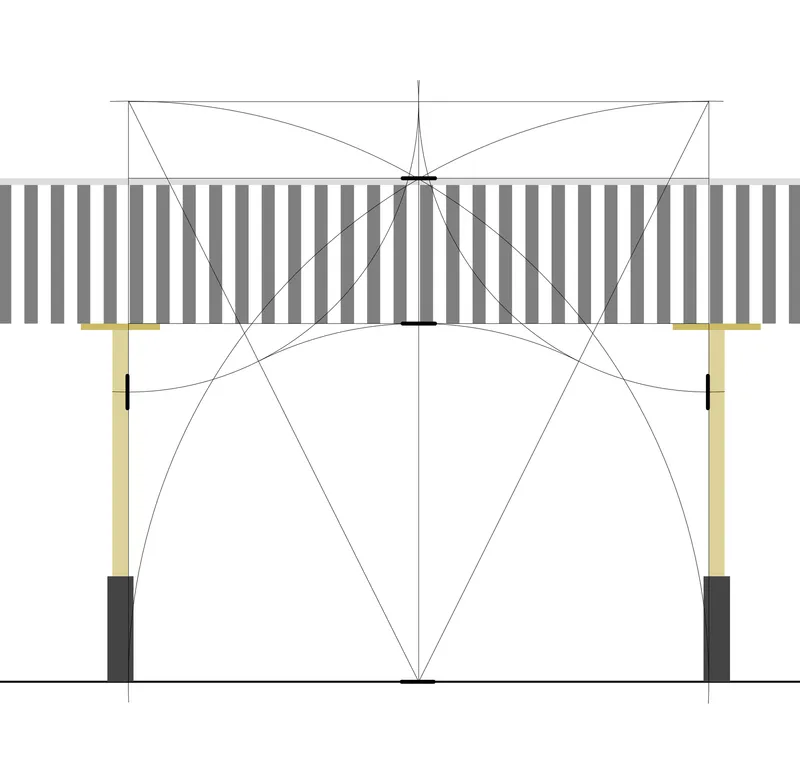 Elevation drawing showing a striped roof deck supported by columns with structural cable geometry