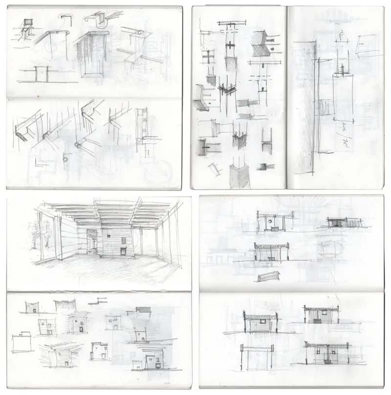 Sketchbook pages with hand-drawn studies of structural joints, roof framing, and interior perspectives