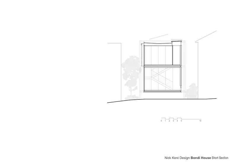 Short section drawing showing the two-story volume with a tree silhouette to one side