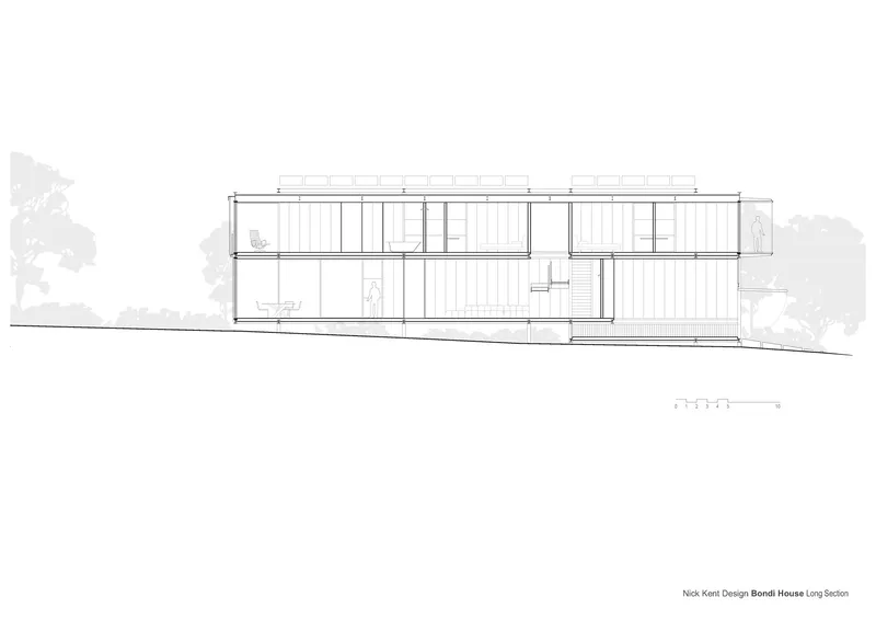 Long section drawing revealing internal room divisions and slatted facade screens along the length of the residence