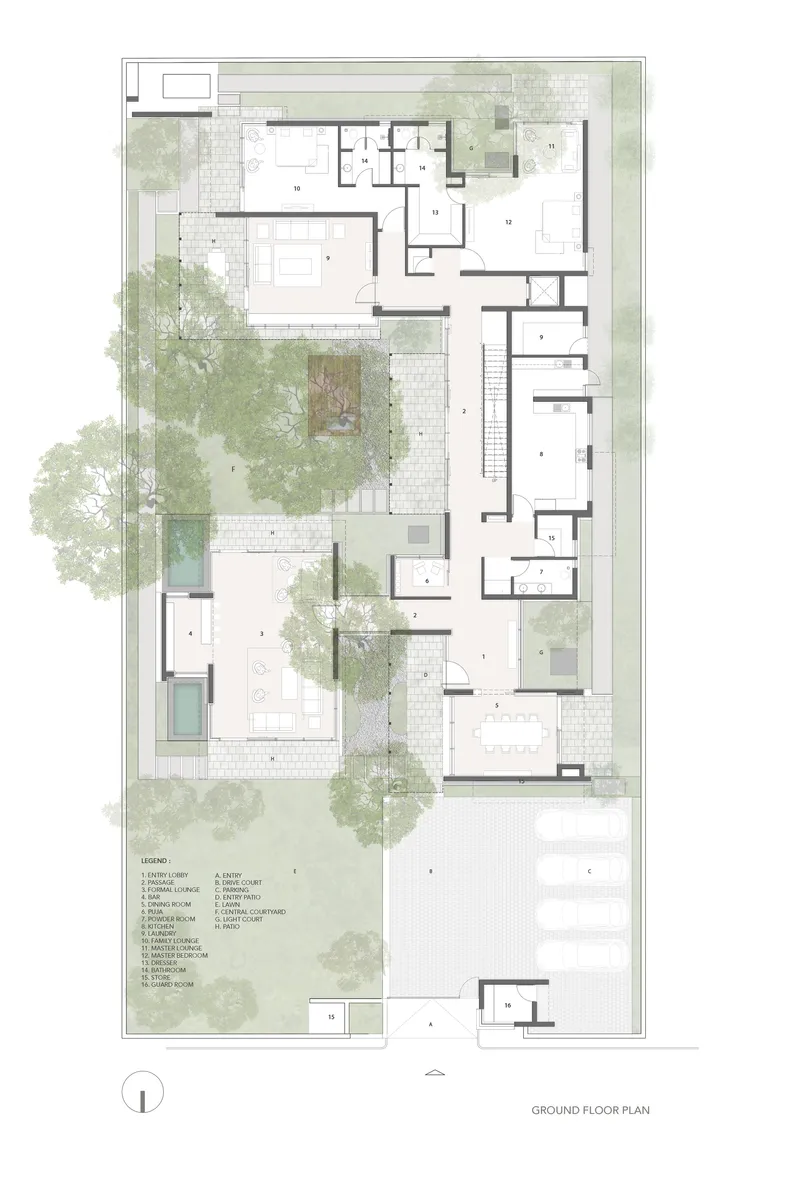 Ground floor plan drawing showing rooms organized around a central courtyard with existing trees rendered in watercolor