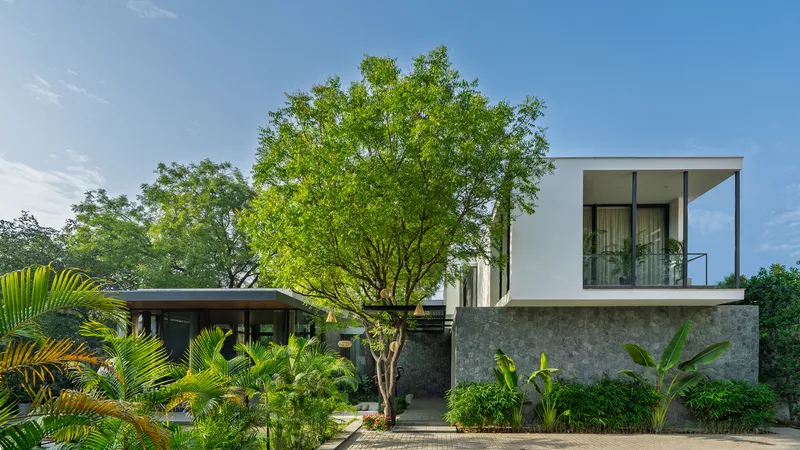 Street view of the two-storey white volume with stone base and mature tree in the front garden