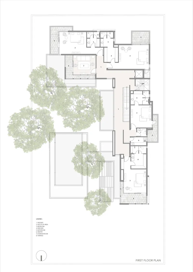 First floor plan drawing depicting bedroom wings and terraces with watercolor tree canopies overlaid