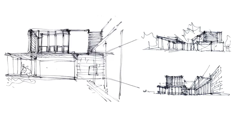 Sketch studies showing three perspective views of the pavilion volumes and roof overhangs with surrounding trees