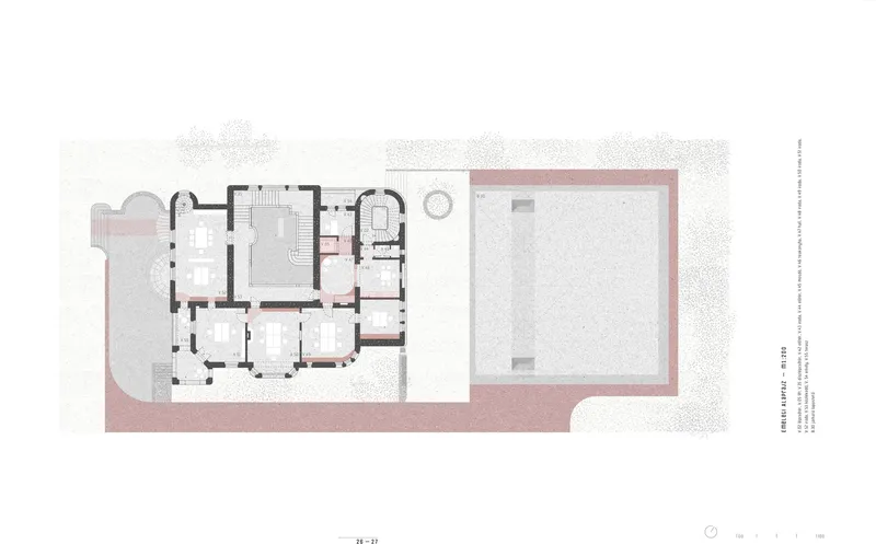 Floor plan drawing revealing a simplified layout with open courtyard and single large room in the new wing
