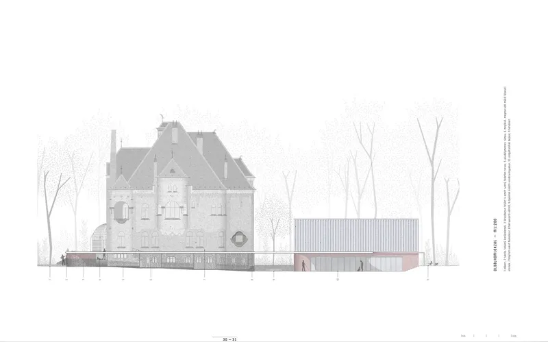 Elevation drawing showing a historic mansion tower beside a low corrugated metal pavilion among bare trees
