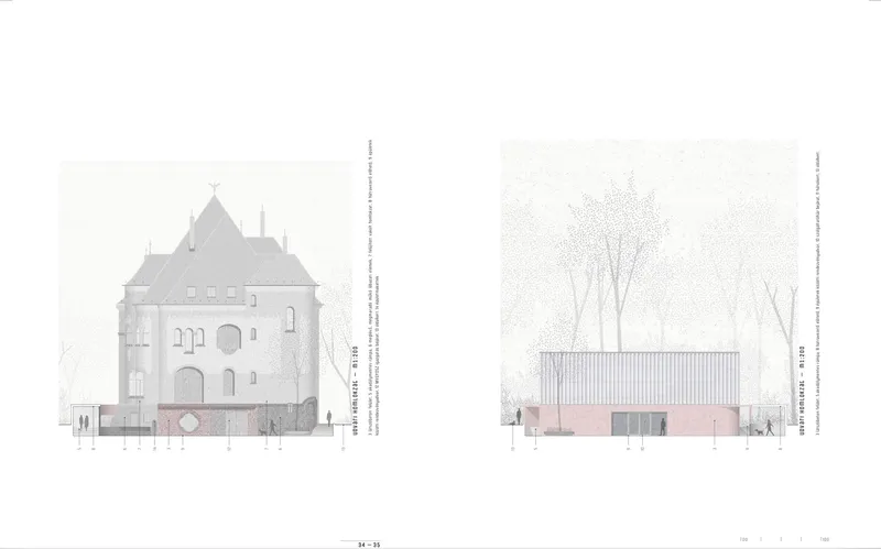 Paired elevation drawings showing the turreted historic structure and the metal-clad addition with vertical cladding among winter trees