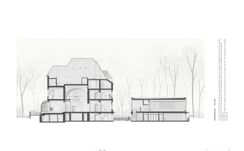 Section drawing showing two connected volumes with pitched roofs among bare winter trees