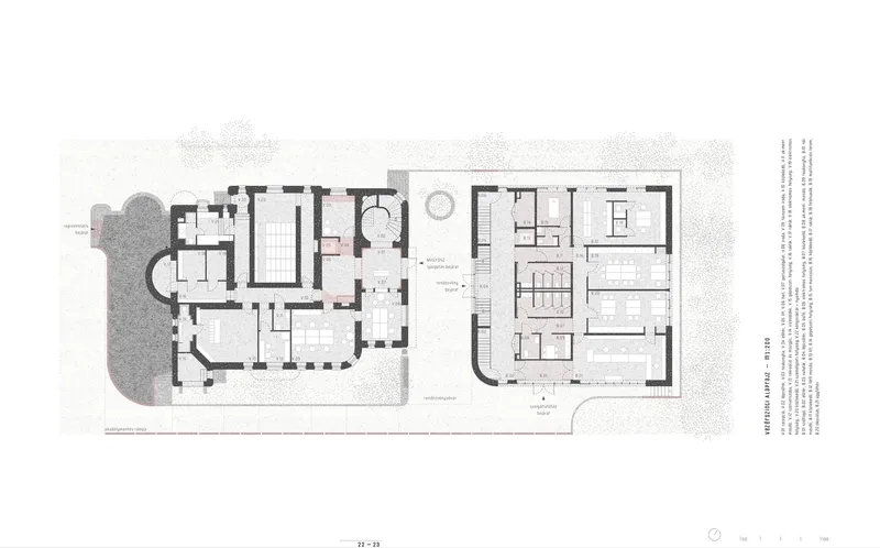 Floor plan drawing showing an ornate historic building adjoined to a rectangular volume with dormitory rooms