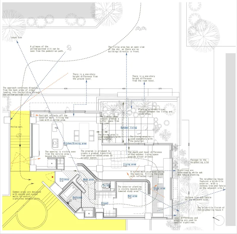 Annotated floor plan drawing with yellow-highlighted entry sequence and outdoor living spaces