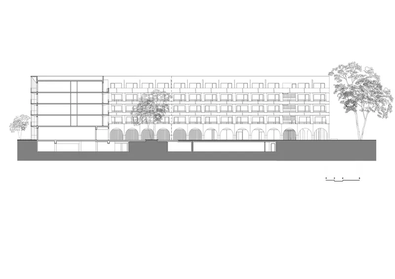 Section drawing showing a multi-storey building with arched ground floor and trees flanking the facade