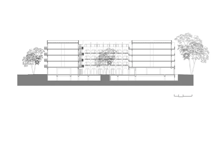 Section drawing revealing two flanking wings and a central courtyard volume with planted trees