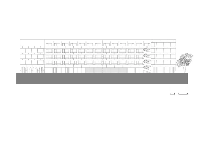 Section drawing depicting a long horizontal block with arched openings at ground level and a single tree