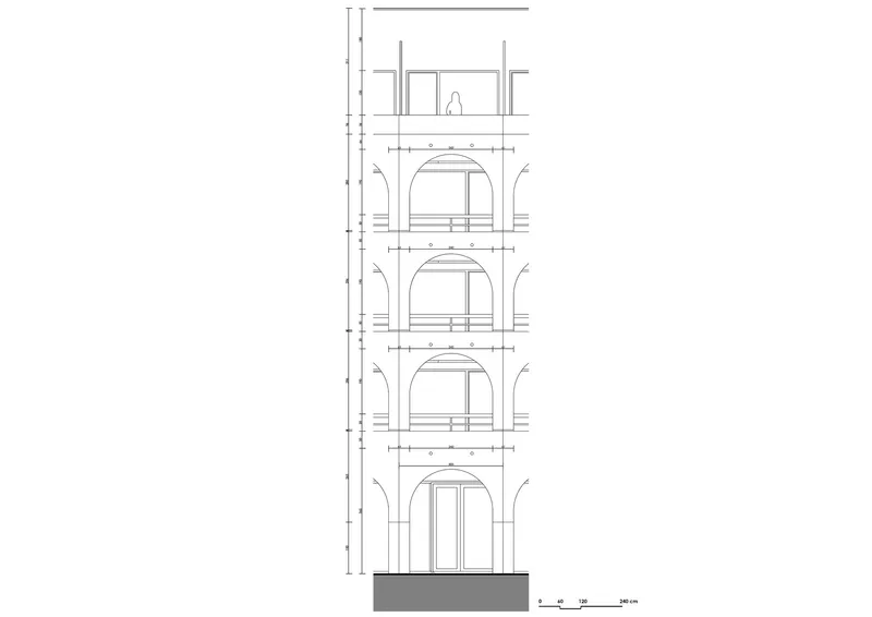 Section detail drawing of four stacked floors with arched openings and a figure for scale