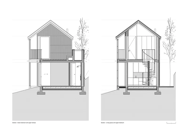 Section drawings showing the open bedroom with upper terrace and the living space with central spiral staircase