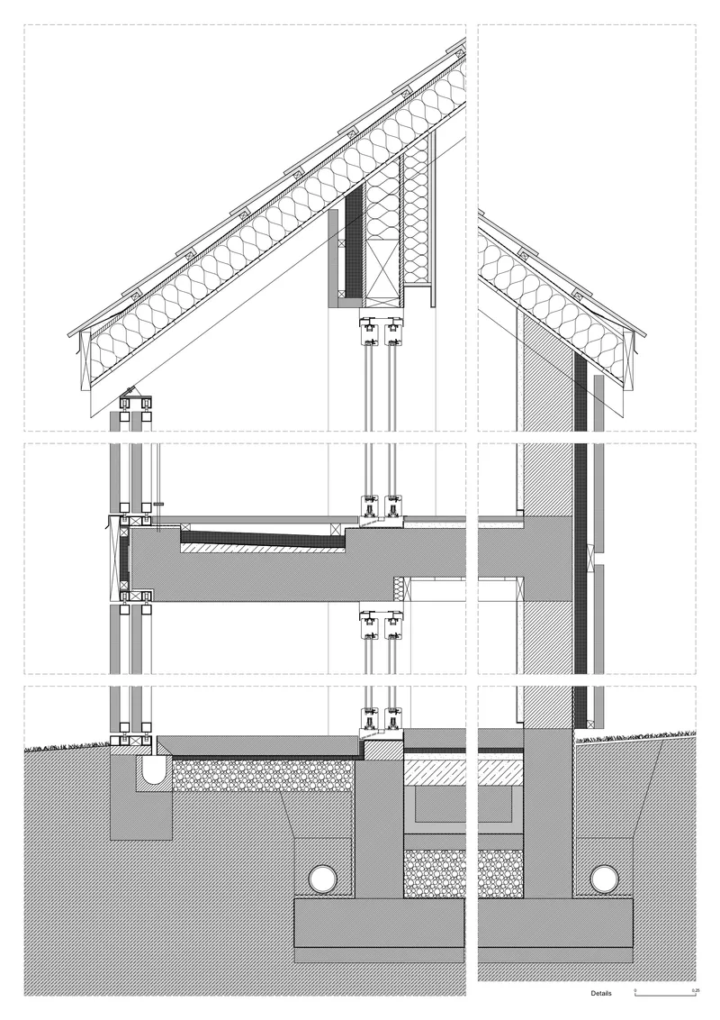 Construction detail drawing showing the foundation, floor structure, column supports and truss assembly in three vertical segments