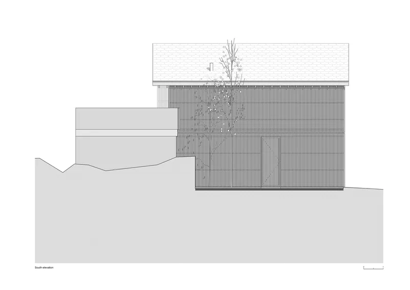 Elevation drawing showing a vertical timber-clad facade with a planted rooftop and adjacent sloped terrain