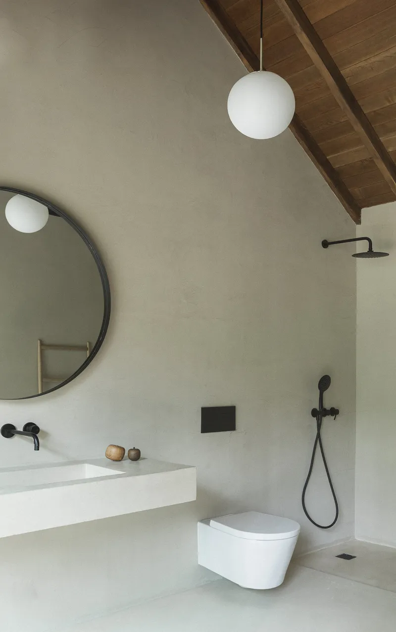 Bathroom with vaulted timber ceiling, wall-hung toilet, and black shower fixtures with globe pendant