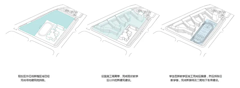 Axonometric sequence illustrating three phases of development from existing water body to completed structure