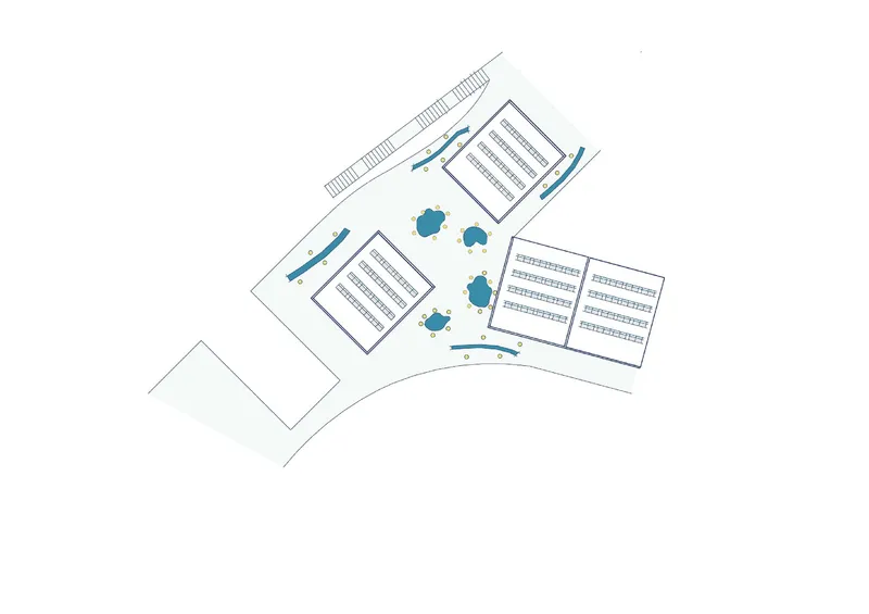 Axonometric plan view showing four angled classroom blocks around landscaped courtyards with pools