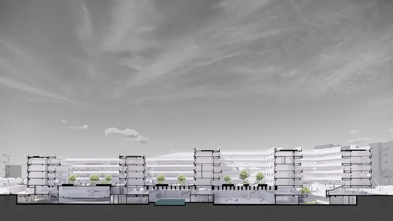 Section drawing illustrating the horizontal bands of a multi-level structure with rooftop greenery under clouded skies