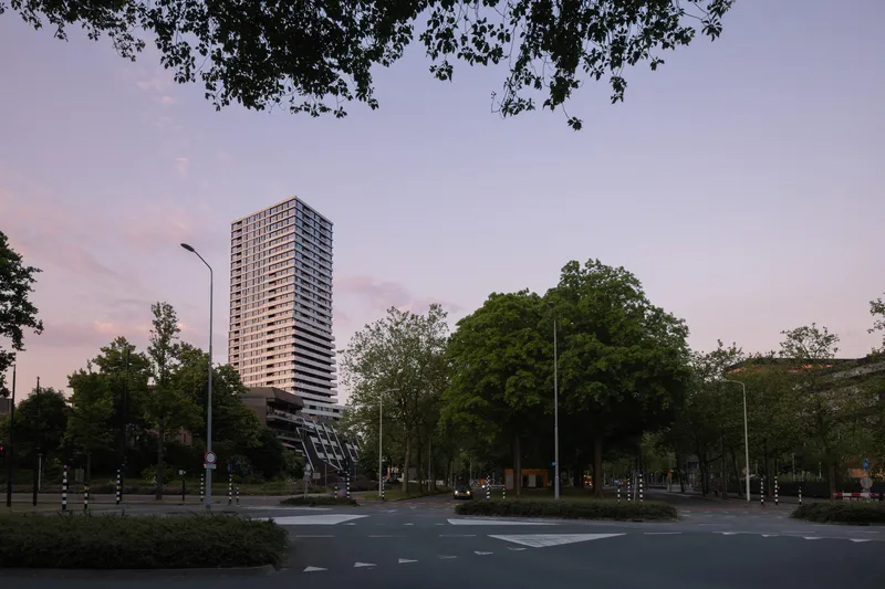 Long view across a roundabout at twilight with the tower rising behind mature street trees