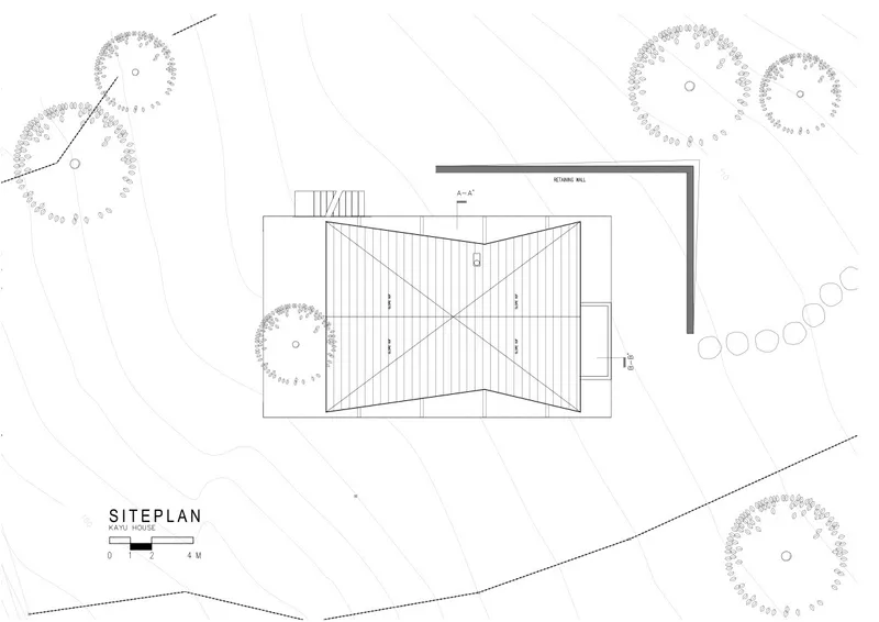 Site plan drawing showing the A-frame structure within a landscape of trees and topographic contours