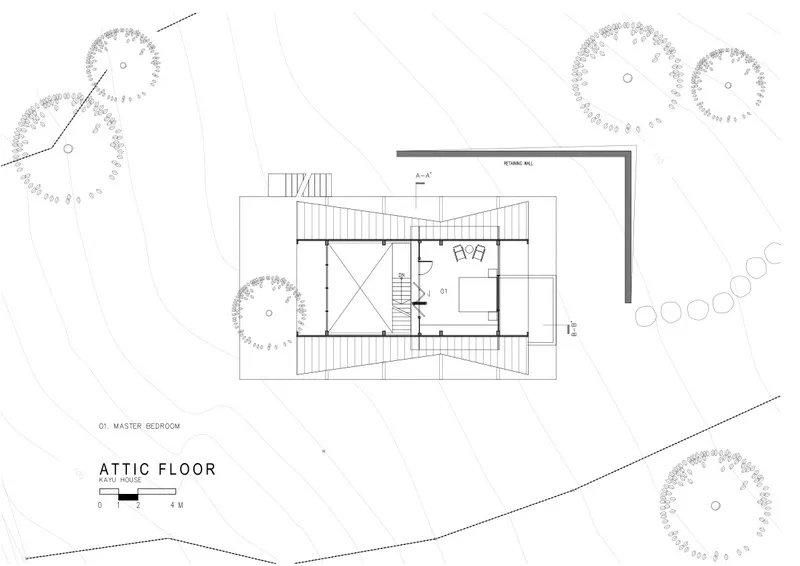 Attic floor plan drawing showing the upper level bedroom within the sloped roof geometry