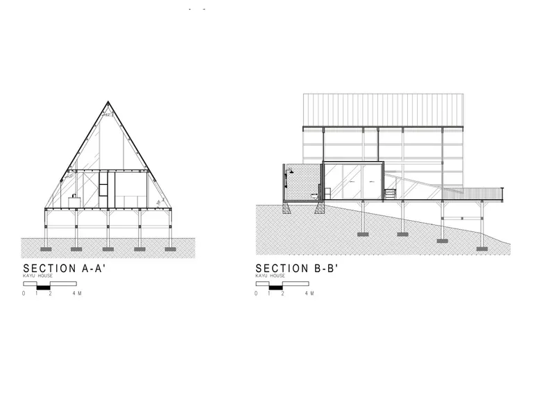 Section drawings showing the steep triangular profile and the stacked floor levels on sloped terrain