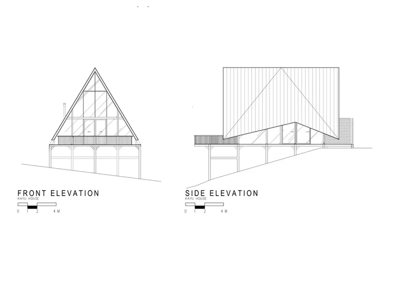 Elevation drawings showing steep triangular front with glazed gable and gabled side with corrugated roof
