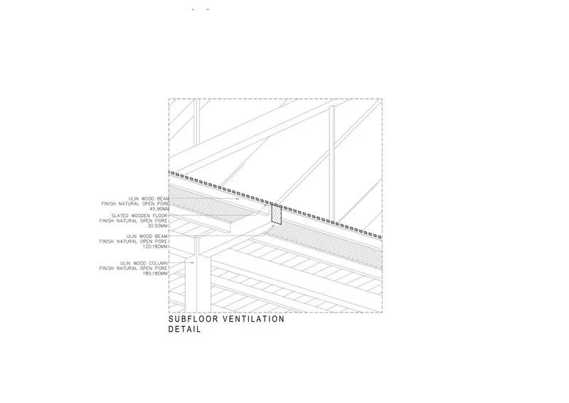 Axonometric detail drawing illustrating subfloor ventilation system with timber beams and floor joists