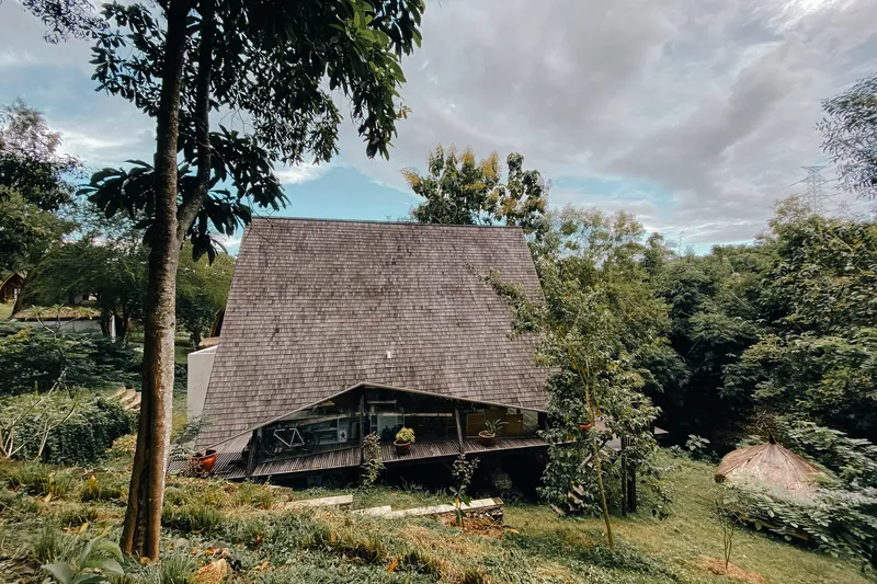 A-frame structure with grey tile roof and timber balcony nestled among dense vegetation