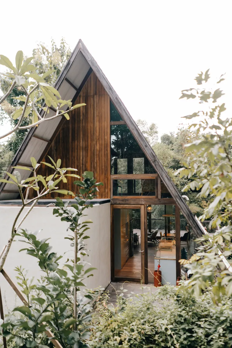 Entrance facade with vertical timber cladding and full-height glazing framed by foliage