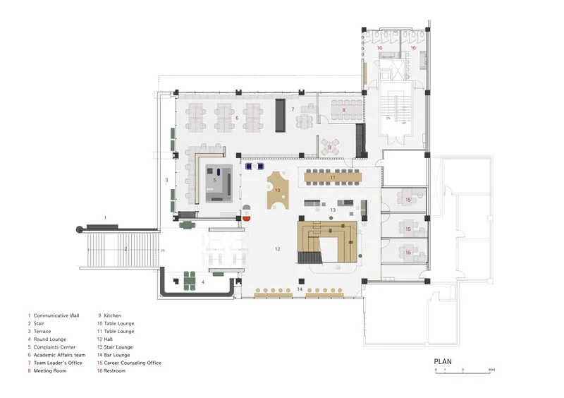 Floor plan drawing showing numbered rooms arranged around central circulation spaces and meeting areas