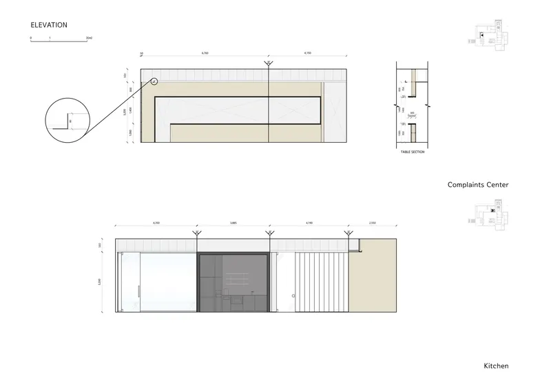 Elevation drawings showing the kitchen facade with horizontal paneling and cabinet configurations