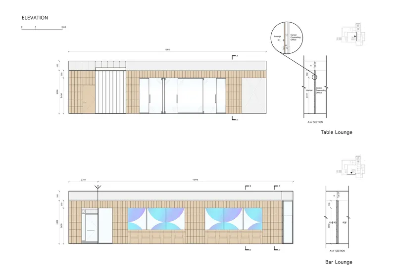 Elevation drawings of the table lounge and bar lounge walls with tiled surfaces and glazed openings