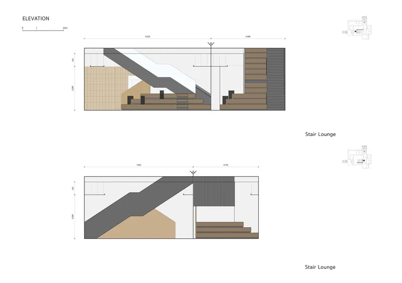 Section elevation drawings of the stair lounge showing diagonal circulation and seating platforms