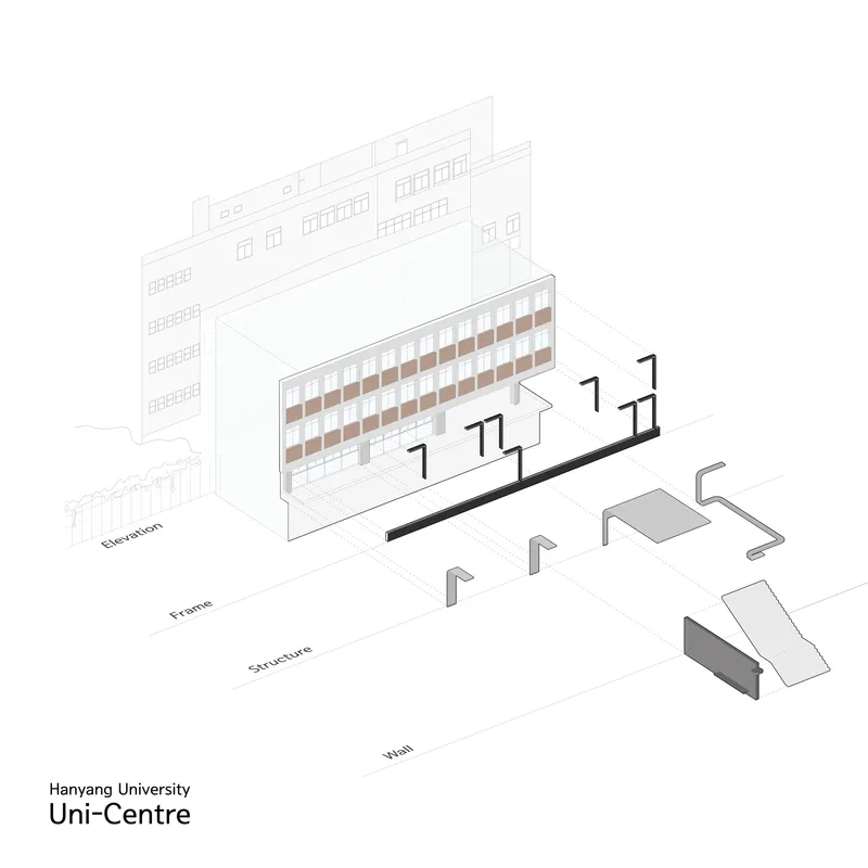 Exploded axonometric diagram showing facade elevation, structural frame, and wall assembly components
