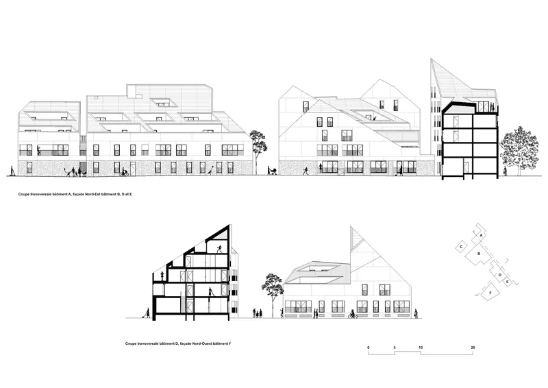 Elevation and section drawings illustrating varied building heights with pitched roofs and figures for scale