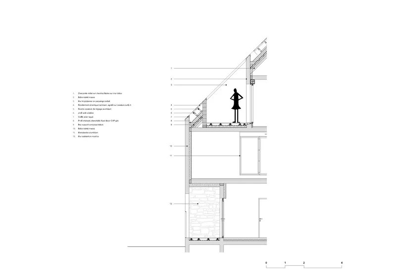 Detail section drawing through roof and upper floor showing insulation layers and structural assembly