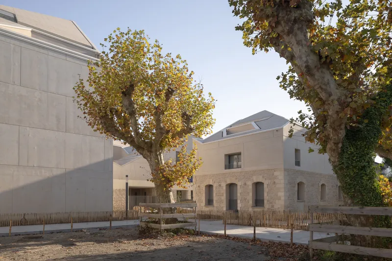 Courtyard plaza with young trees in autumn foliage framed by stone and rendered volumes