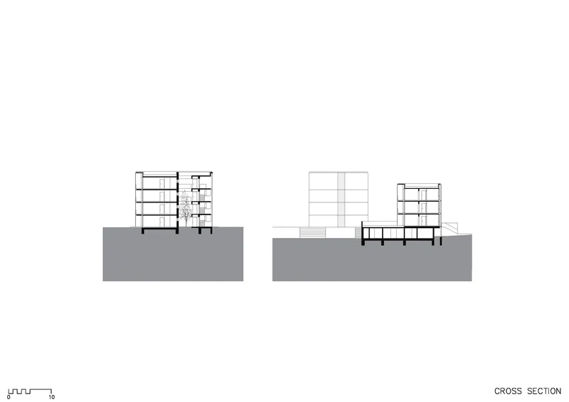 Cross section drawing showing multi-story residential blocks with varying heights on sloped terrain