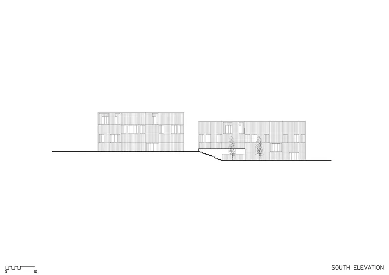 South elevation drawing showing two residential blocks with gridded facades and planted entry courtyard