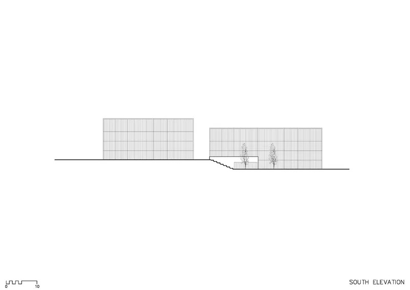South elevation drawing depicting two residential blocks with vertical panel facades and trees between volumes