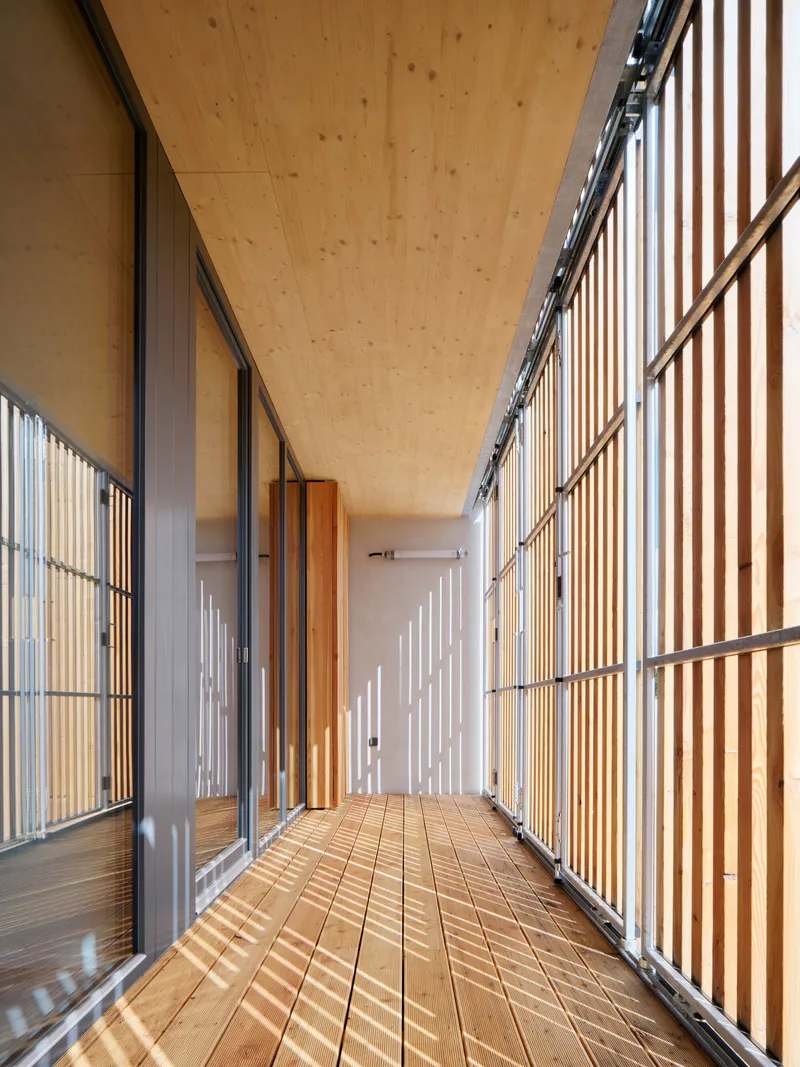 Exterior walkway with timber slat screen casting striped shadows on wood decking