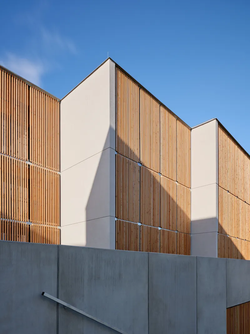Facade composition of vertical timber slats and smooth white panels under blue sky