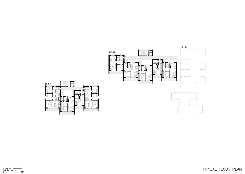 Typical floor plan drawing depicting three separate residential volumes with individual unit layouts