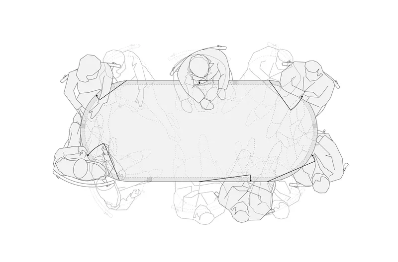 Top-down sketch showing eight figures seated around an oval table with textured surface