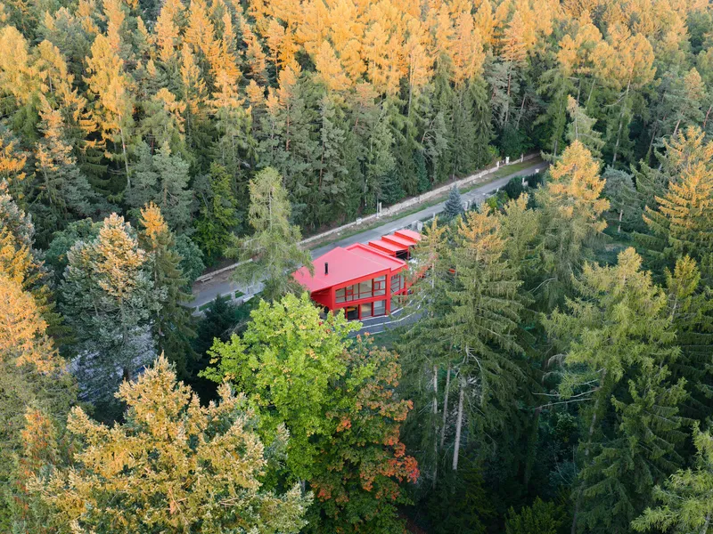 Drone view showing the angled roof forms and driveway cut into the forested hillside