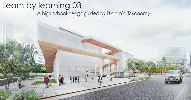Ground-level view highlighting the elevated volume and stepped circulation, creating a porous threshold between the city and learning environment.